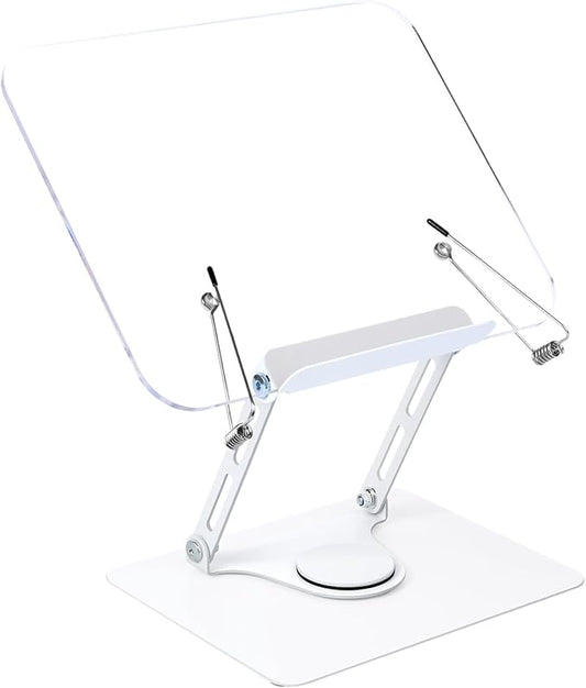Honagu Book Stand for Reading, Adjustable Book Holder with 360 Degree Rotating Base & Page Clips, Hands Free Foldable Desktop Cookbook Stand for Sheet Music, Laptop, Recipe, Textbook (Acrylic)