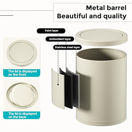 4 Gallon/15L Metal Trash Can with Lid, Bathroom Garbage Can Flipping Lid, Modern, Powder Room, White Waste Baskets, for Bathroom, Commercial, Kitchen, Office, Hotel (15L-White)