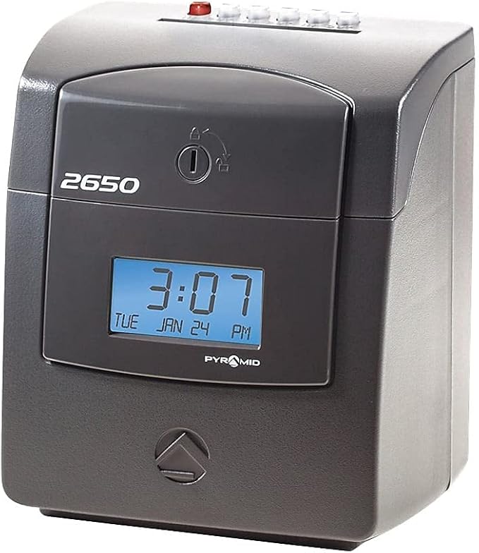Pyramid Time Systems - Pyramid Technologies 2650 Pro Auto Aligning Time Clock, Bundle Includes: 25 Time Cards, Ribbon and 2 Security Keys - Charcoal (5 "h x 7.25 "w x 8.5" d)