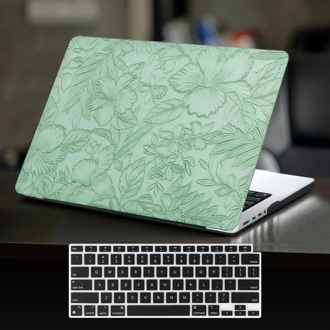 DTangLsm for MacBook Air 15 inch Case 2025 2024 2023 2022 M4 M3 M2 A2941 A3114 A3241, Elegant Textured Retro Leather Hard Shell Cover for MacBook Air 15 M4 Case + Keyboard Cover, Green Embossed Floral