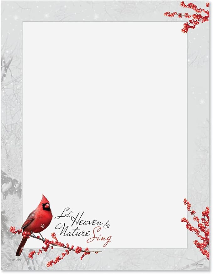 Winterberry Cardinal Christmas Stationery - Holiday Letters, Printer Paper, 25 Sheets, 8½ x 11 Inch, by Current