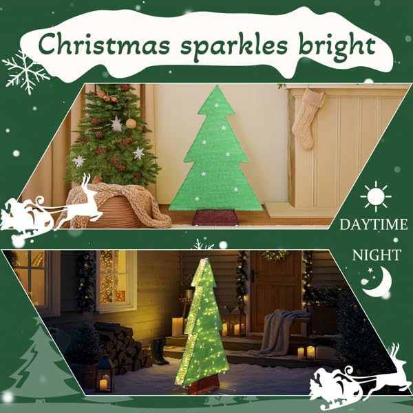 CZBZ 4FT Christmas Lighted Tree Decorations with 110 LED Warm White Lights, Pre-Lit Green Tinsel Christmas Tree for Outdoor Yard Lawn Garden Home Indoor Holiday Front Porch Décor