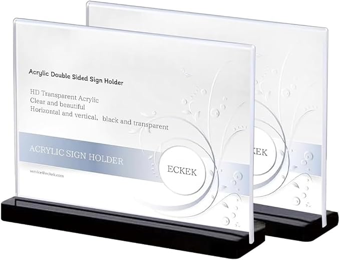 2 Pack Acrylic Sign Holder Menu Displays Double Sided Sign Stand A4/A5/A6 Clear (Black Horizontal A4 297×210mm/11.69×8.27 inches)