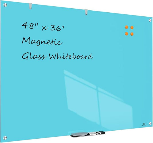 TSJ OFFICE Glass Dry-Erase Board - 48 x 36 Inches Wall Mounted Magnetic Whiteboard, Large Frameless Glass White Board for Office, Home & School, Blue