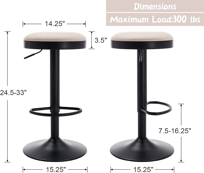 Round Swivel Counter Height Bar Stools Set of 1 Modern Adjustable Barstools Backless PU Leather Bar Chairs Industrial Island Chairs with Metal Base/Footrest for Kitchen Island/Pub, Beige