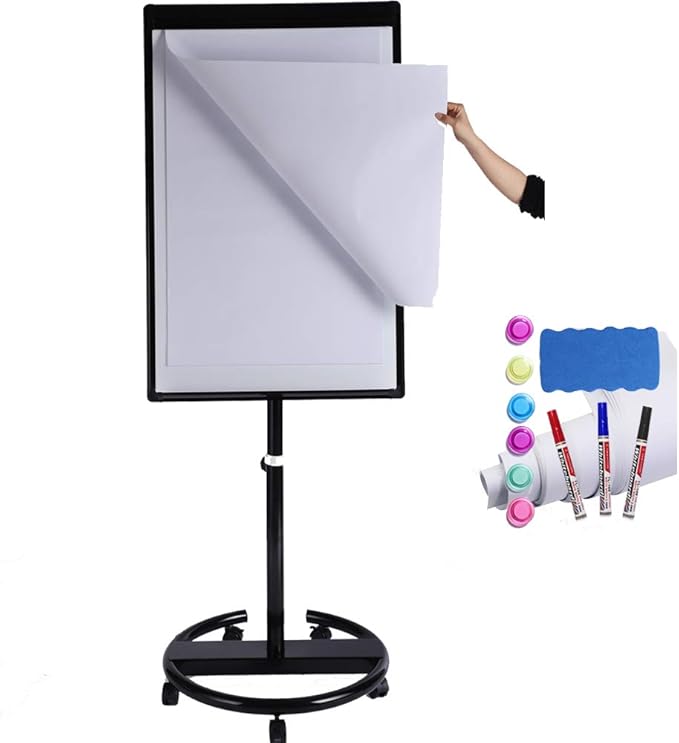 40 X 28 Inch Mobile Magnetic Whiteboard, Height Adjustable Dry Erase Board Easel on Rolling Stand with Flipchart Easel Pad, Magnets & Eraser, Black