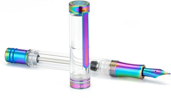 Asvine V200 Titanium Fountain Pen Vacuum Filling, Rainbow Iridium Fine Point Transparent Acrylic Smooth Writing Pen Case Set