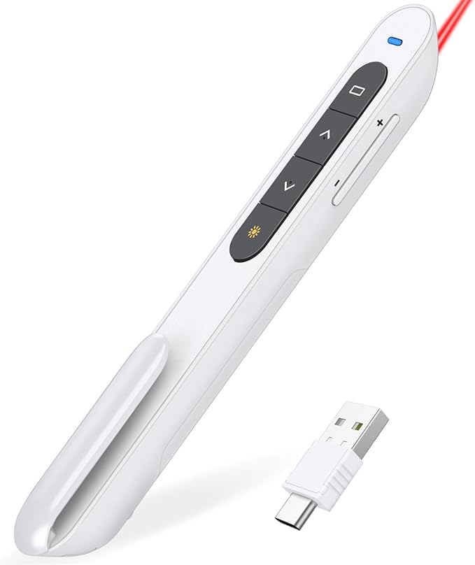 DinoFire White USB C Presentation Clicker Wireless Presenter Remote for PowerPoint Presentations,Volume Control PPT Slide Advancer for Mac Laptop PC Computer