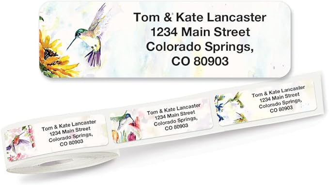 Colorful Images Fluttering Hummingbirds Rolled Personalized Return Address Mailing Labels with Dispenser, Customize with Name & Shipping Address, 250 ¾” x 2½ Self Adhesive, Easy Peel Label Roll
