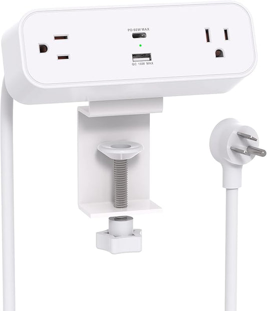 Desk Clamp Power Strip, 65W 10ft Extension Cord- 2 Outlets Desktop Power Strip with USB C 65W, USB A(QC 18W) Desktop Desk Clamp Power Station for Office, Home