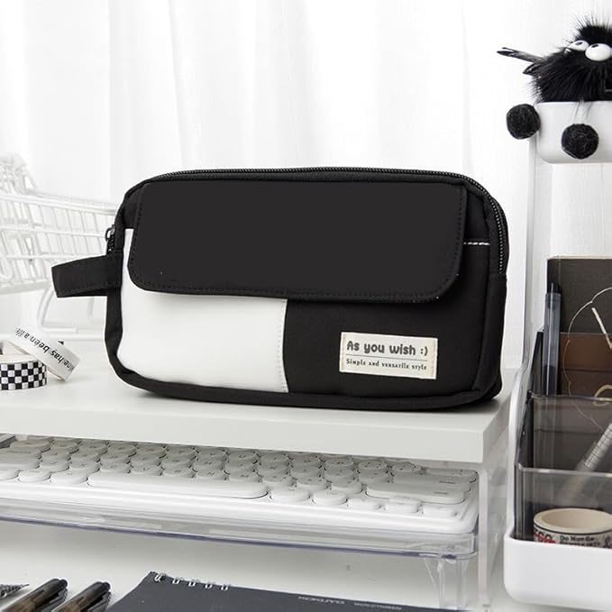 42 Pcs Big Capacity Pencil Pouch with Aesthetic School Supplies, 12 Pastel Highlighters, 5 Black Ink Gel Pens, 6 Mechanical Pencils Set 0.5 & 0.7mm, Sticky Notes, Stationary Set for Student(Black)