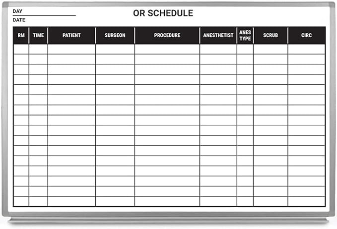OR Schedule Dry-Erase Hospital Whiteboard (Version 2) 36" x 24"