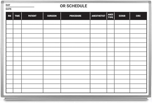 OR Schedule Dry-Erase Hospital Whiteboard (Version 2) 36" x 24"