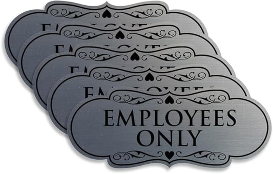 Designer EMPLOYEES ONLY Sign | Easy Installation | Office or Business Signs | Workplace Safety - Silver - Medium (10 Pack)