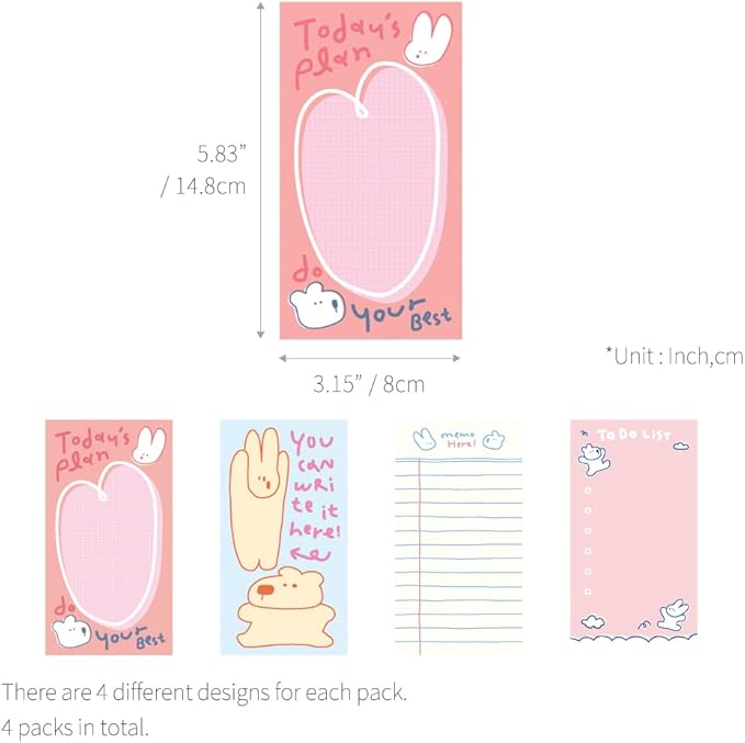 Monolike Memopad Happy and Lucky Petit Petit B SET - 4 Packs, 4 Different Designs, 80 Sheets Per Pad, Total 320 Sheets, Note pads, Writing pads, 80x148mm