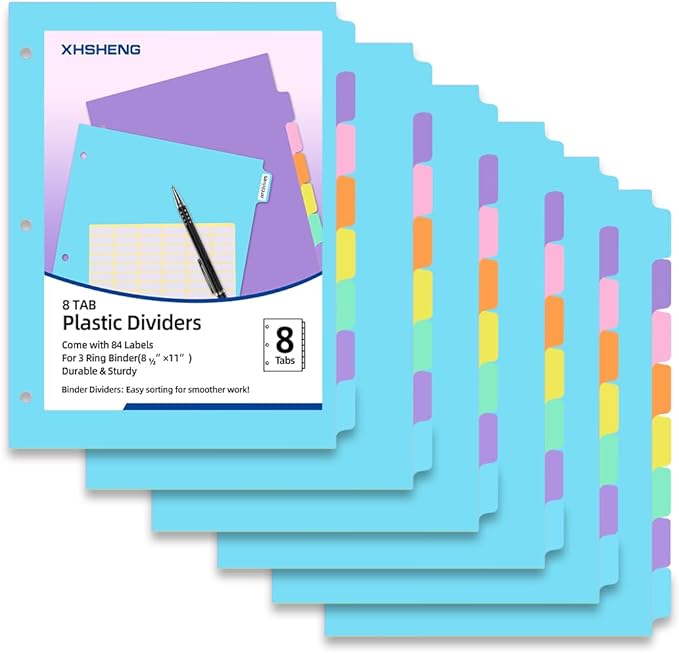 3 Ring Binder Dividers with TAB,48PCS/6 Set Plastic File Dividers,8 Tab 3 Hole Punch Dividers,Pastel Color,Letter Size,6 Sets