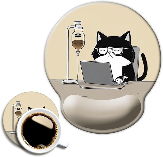 Ergonomic Mouse Pad with Wrist Support,Mouse Pad with Wrist Rest,Relieve Wrist Pain Mousepad Non-Slip Rubber Base,Mouse Pads for Desk,Computers,Laptop,Office,Home,Accessories Cute Coffee Cat