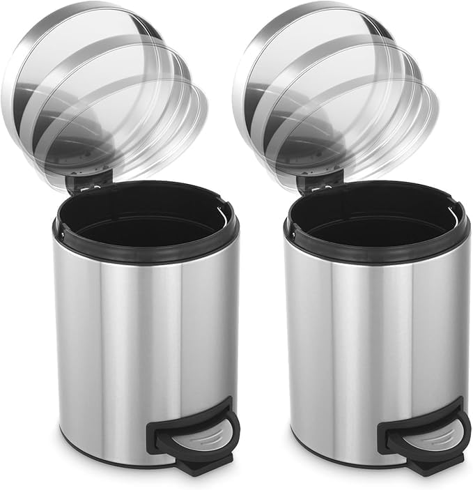 Kitchen Trash Can with Lid, 2 Pack 5 Liter/1.3 Gallon Stainless Steel Trash Can, Oval Step Garbage Can, Soft Close Trash Bin for Bathroom Home Office