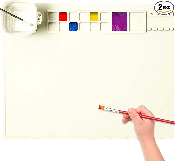 AWOKE Silicone Painting Mat for Kids - 20"X16" Art & Craft Mat with 12 Color Dividers, 2 Paint Palettes, 1 Water Cup - Toddler Activities Paint Mat, Ideal Gift for 3 4 5 Year Old Boys & Girls (Beige)