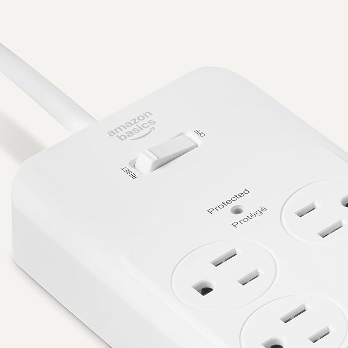 Amazon Basics Surge Protector Power Strip, 12-Outlet, 4000 Joules, 8ft Extension Cord, Rectangle, for Home, Office, Gaming Room, White