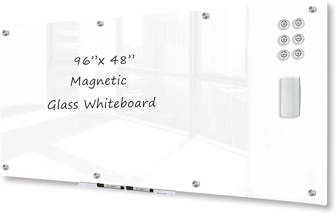 J&J worldwide Magnetic Glass Whiteboard 8' x 4' Ultra White, Large Frameless White Boards for Walls 96 x 48 Inches, Large Dry Erase Board for Office, Home, School
