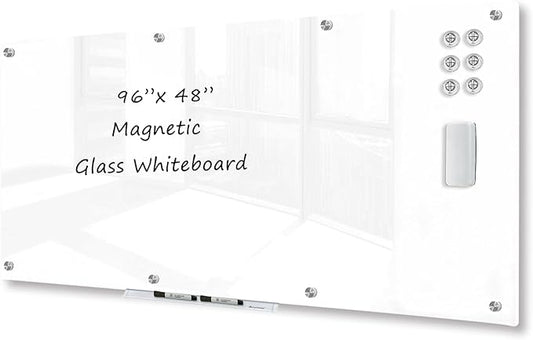 J&J worldwide Magnetic Glass Whiteboard 8' x 4' Ultra White, Large Frameless White Boards for Walls 96 x 48 Inches, Large Dry Erase Board for Office, Home, School