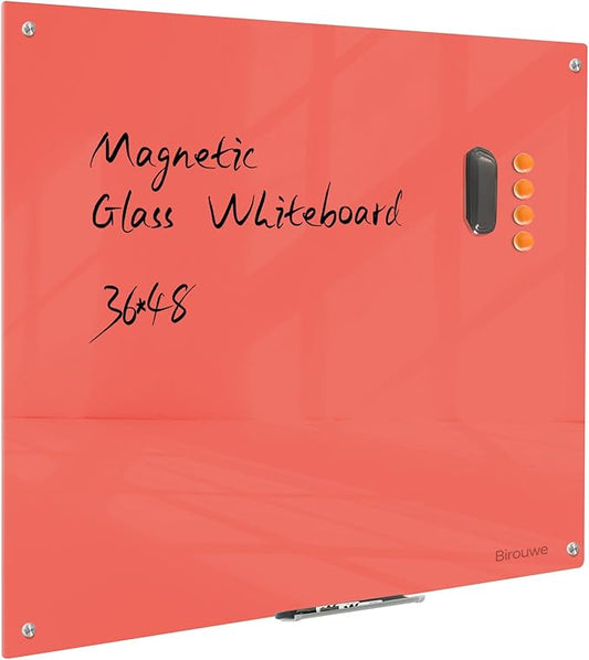 Magnetic Glass Dry Erase Board - White Board 48 x 36 Inch Wall Mounted Glass Whiteboard, Large Frameless Glass White Board for Wall Office, Home & School, Red