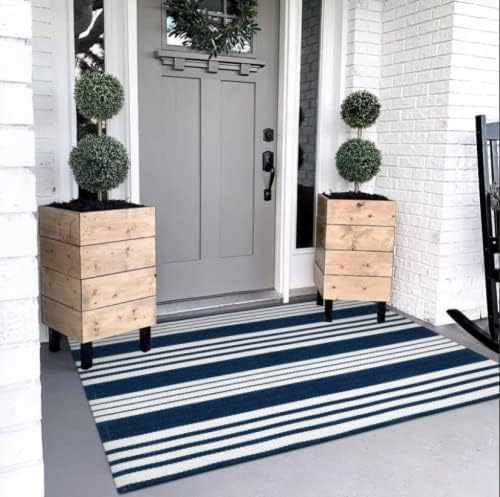 OJIA Blue and White Outdoor Rug 3’x5‘ Cotton Woven Christmas Striped Front Porch Rug Machine Washable Indoor Outdoor Rugs Farmhouse Entry Rug Layered Door Mat for Entryway/Kitchen/Laundry/Living Room