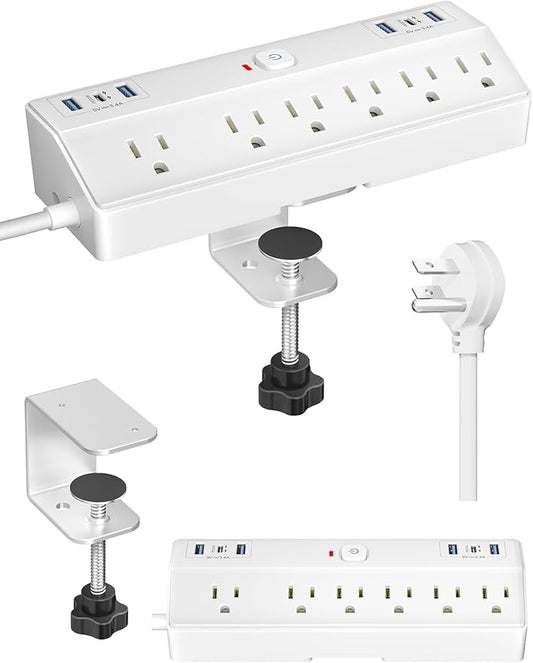 Desk Clamp Power Strip, 40W Fast Charging Station, Desktop Mount Surge Protect with 6 Outlets 6USB Ports (2USB C), Removable Power Strip Fits 1.8" Tabletop Edge, 10Ft Extension Cord for Home Office