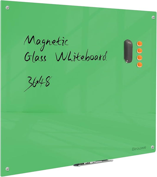 Magnetic Glass Dry Erase Board - White Board 48 x 36 Inch Wall Mounted Glass Whiteboard, Large Frameless Glass White Board for Wall Office, Home & School, Green
