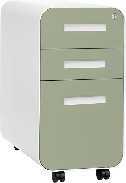 Laura Davidson Furniture Stockpile Slim 3-Drawer Mobile File Cabinet with Lock - Under Desk Metal Filing Cabinet, Legal/Letter File Folders, Wheels & Stationary Feet, Assembled, Sage Green