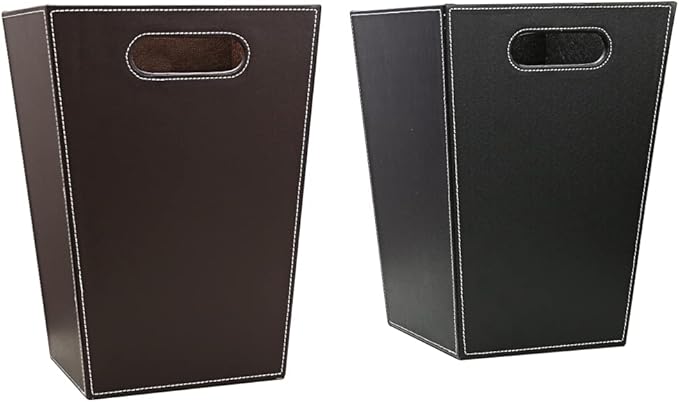 KINGFOM Classic Pu Leather Trash Can Wastebasket, Garbage Container Bin with Handles for Bathrooms, Powder Rooms, Kitchens, Home, Office and and High Class Hotel Square Brown