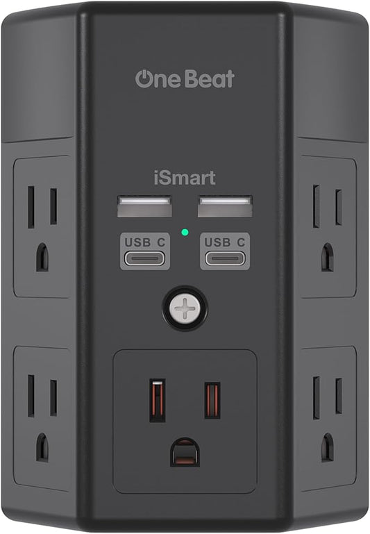 Surge Protector, 5 Outlets Extender with 4 USB Ports(USB C), 3-Side 1680J Power Strip Multi Plug Outlet Expander, USB Wall Charger, Outlet Splitter Adapter Wall Mount for Home Office ETL Listed（Black）
