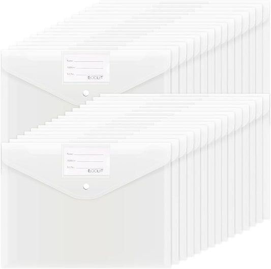 EOOUT 30pcs Plastic Envelopes, Clear Envelopes with Snap Closure, Document Folders Letter Size A4 Size File Envelopes with Label Pocket for School Home Work Office Organization