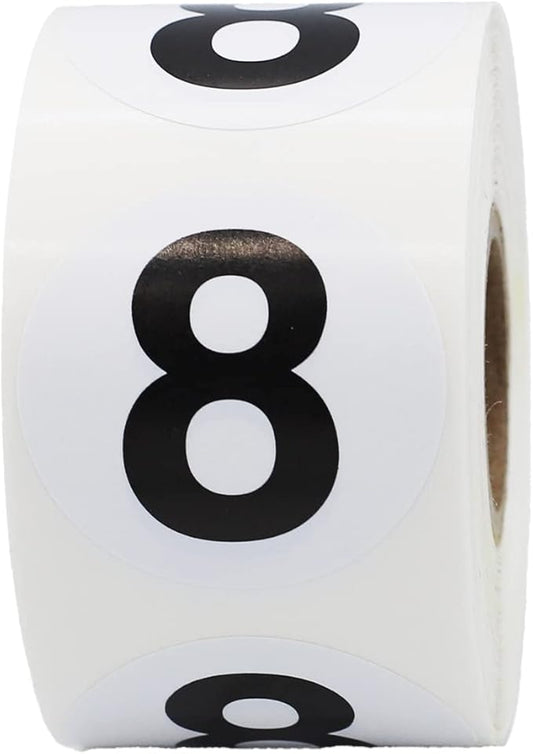 Black Number 8 Circle Stickers, 1.5 Inches Round, 500 Adhesive Labels on a Roll for Inventory, Classroom Use, Shelving, and Organization, Made in The USA
