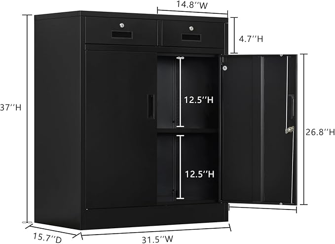 Metal Storage Cabinet with Locking Doors and 2 Drawers, 36” Garage Cabinet for Classroom, Home and Office - Black