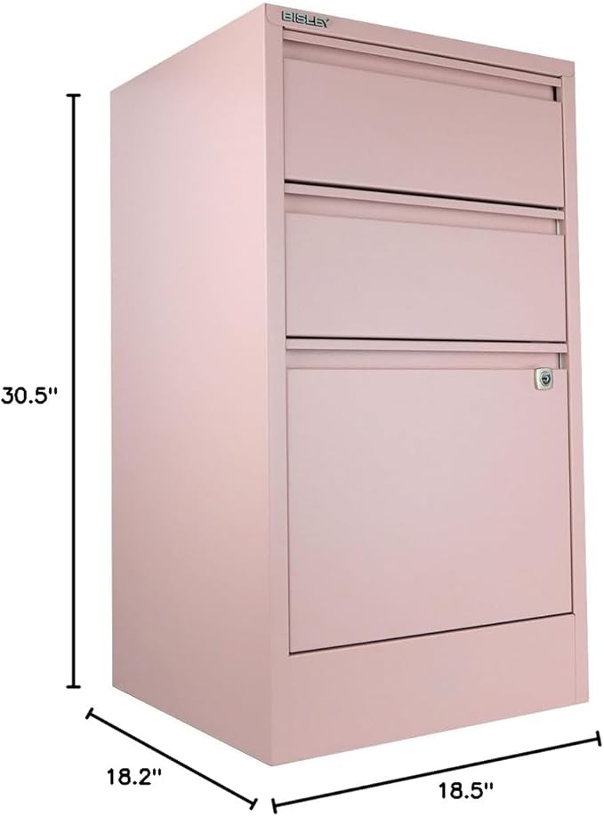 Bisley 3-Drawer Flush Front Vertical File Cabinet - Palest Pink, 2 Utility Drawers + 1 Hanging File Drawer, Powder-Coated Steel, Locking Bottom Drawer