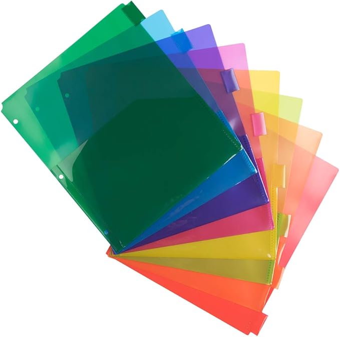 JAM PAPER Plastic Index 8-Tab Dividers w/Double Pockets - 9 3/4 x 11 1/2 - Assorted Multi-Color - 6 Packs of 8 Tabs/Set