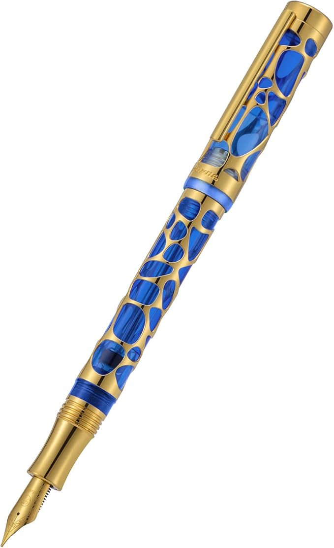 Asvine V169 Vacuum Filling Fountain Pen Medium Nib, Water Drop Skeleton Gold Trim Transparent Blue Acrylic Pen Case Set