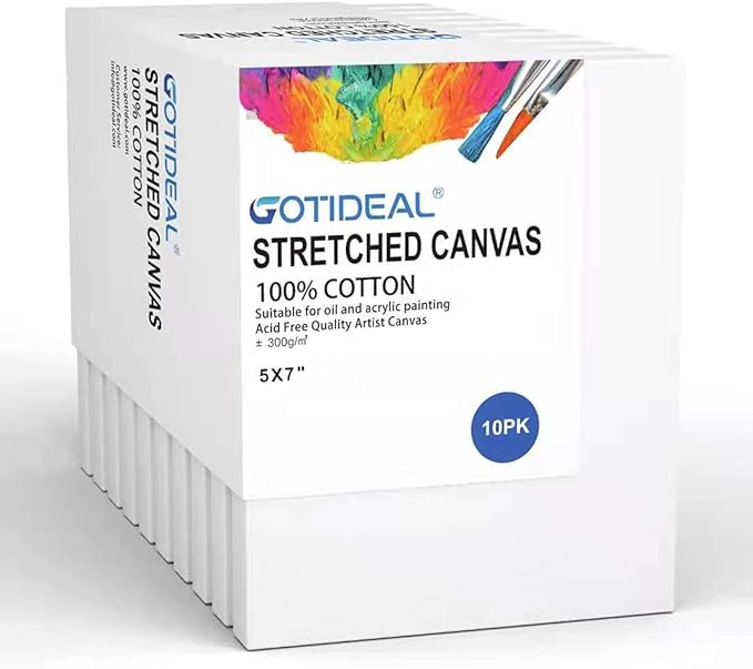 GOTIDEAL Stretched Canvas, 5x7 Inch Set of 10, Primed White - 100% Cotton Artist Canvas Boards for Painting, Acrylic Pouring, Oil Paint Dry & Wet Art Media