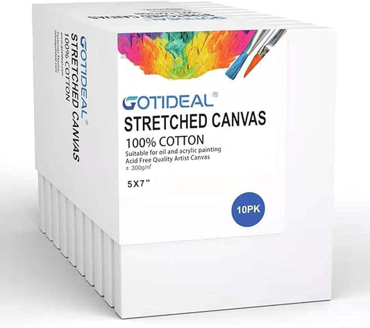 GOTIDEAL Stretched Canvas, 5x7 Inch Set of 10, Primed White - 100% Cotton Artist Canvas Boards for Painting, Acrylic Pouring, Oil Paint Dry & Wet Art Media