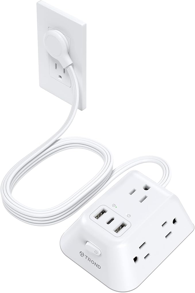 TROND Flat Extension Cord 10ft, Ultra Thin Flat Plug Power Strip, 5 Widely-Spaced AC Outlets and 3 USB Ports, 1440J Surge Protector, 3-Sided Wall Mount for Home Office Dorm Room, White