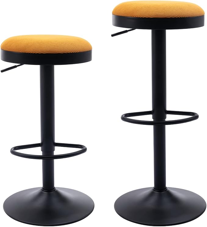 Round Swivel Counter Height Bar Stools Set of 2 Modern Adjustable Barstools Backless Corduroy Bar Chairs Industrial Island Chairs with Metal Base/Footrest for Kitchen Island/Pub/Bar, Yellow