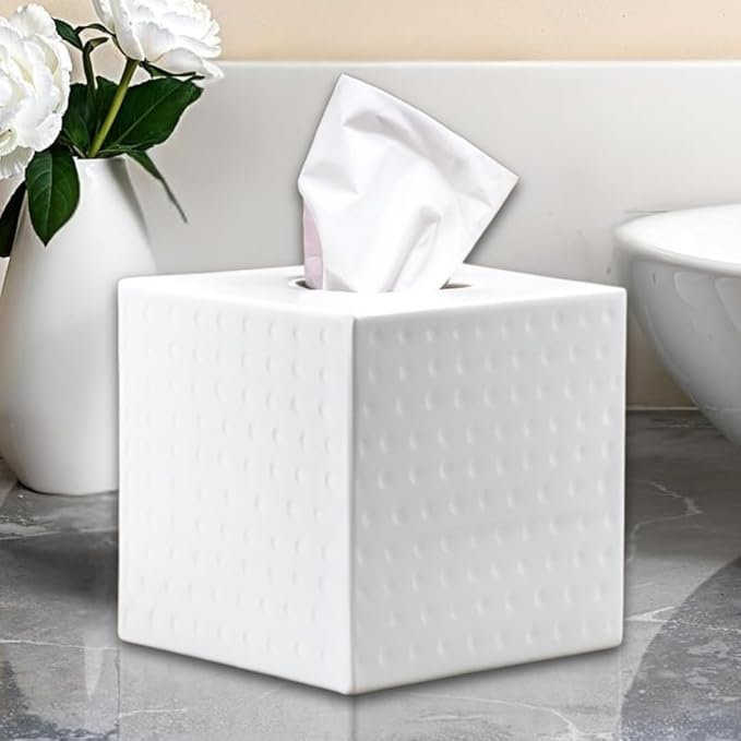 Monarch Abode Hand Hammered Tissue Box Cover Square, White Tissue Holder for Bathroom, Square Metal Dresser Accessories for Home, Decorative Tissue Box Holder, Classic White Handcrafted Tissue Cover