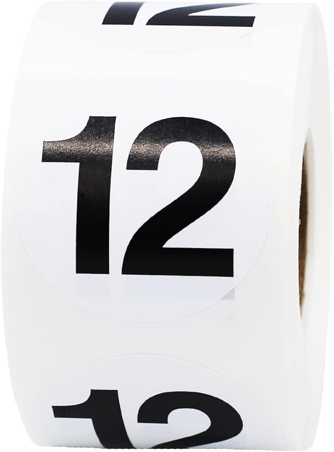 Black Number 12 Circle Stickers 1.5 Inch Round Adhesive Dots 500 Total Labels on a Roll for Organizing, Inventory Products, Storage Bins, or Classrooms Made in The USA