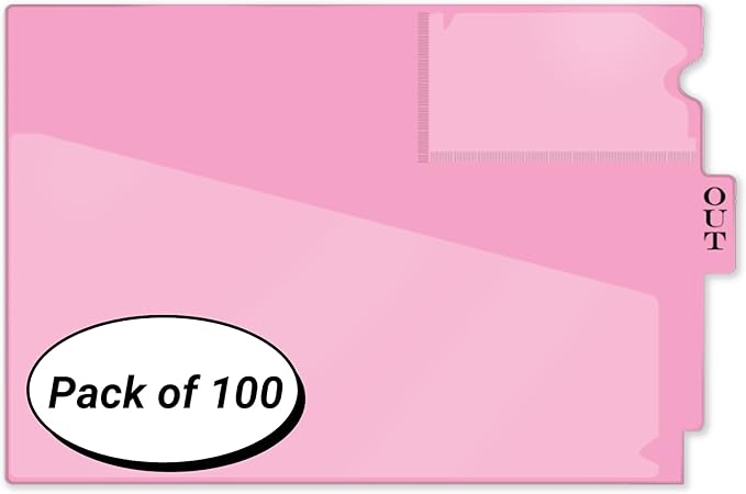 Doctor Stuff - Center Tab Vinyl Out Guides, Diagonal Cut Front Pocket, Top Charge Out Slip Pocket, Plastic File Folder, Letter Size 9" x 13-1/4", Pink, 100/Box