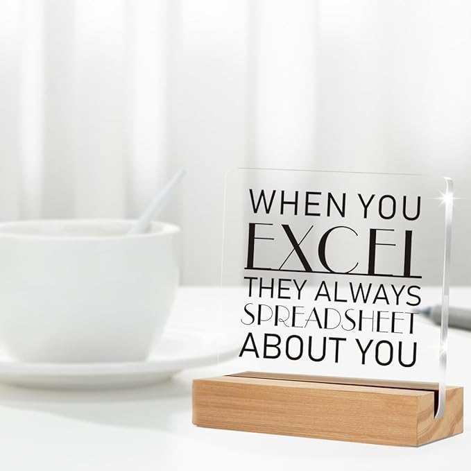 Funny Spreadsheet Gift, Humorous Office Quote Present for Accountants, When You Excel Clear Desk Decorative Sign With Wooden Stand for Office Desk Table Shelf