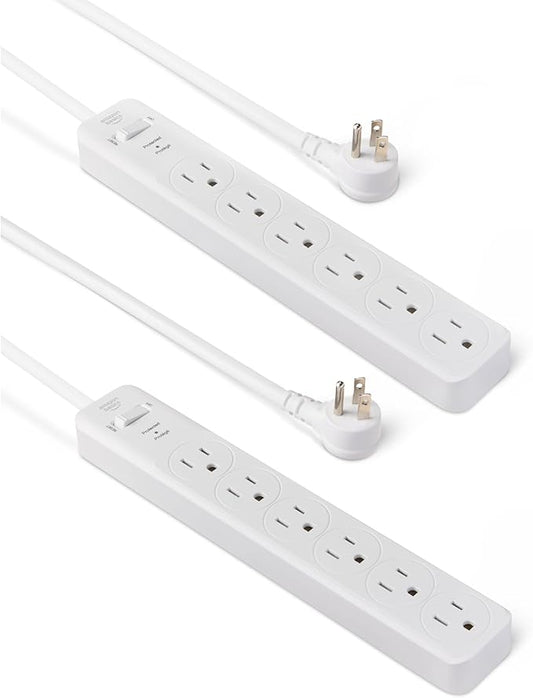 Amazon Basics Rectangle 6-Outlet, 600 Joule Surge Protector Power Strip, 2ft, Small, White, 2-Pack