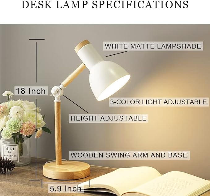 LED White Desk Lamps for Home Office, 3-Color Dimmable White Table Lamp for Bedroom, Wood Desk Lights for Dorm Roomb, Desktop Lighting, Tabletop