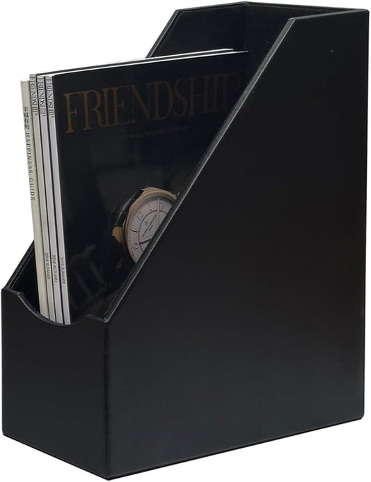 UnionBasic Magazine File Holder, Leatherette Desktop Document Organizer, Home Office Paper Holder File Storage Literature Sorter, Black